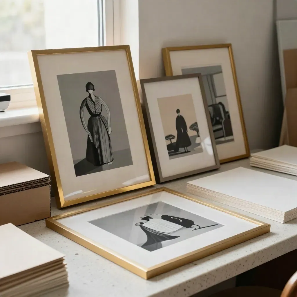 Vier gerahmte Illustrationsmotive mit Musterboxen und Papierstapeln auf einer Travertinfläche.