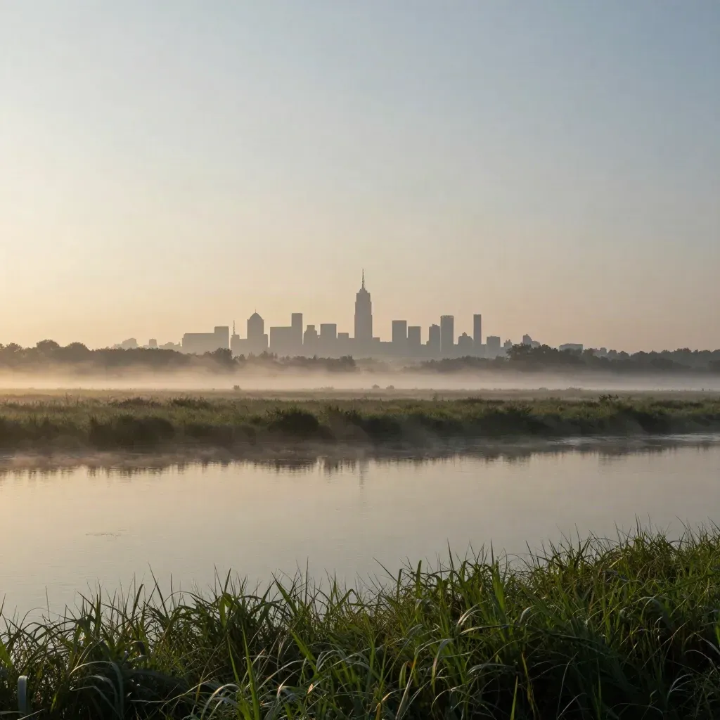 Neblige Morgenansicht über die Havelauen mit ferner Berliner Skyline